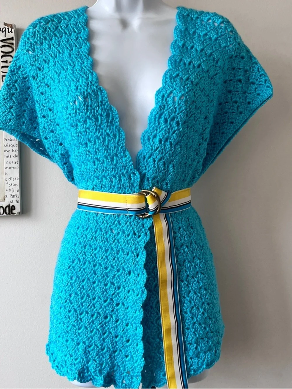 Vintage Hand Crocheted Open Front Turquoise Boho Festival Hippie Vest Size L